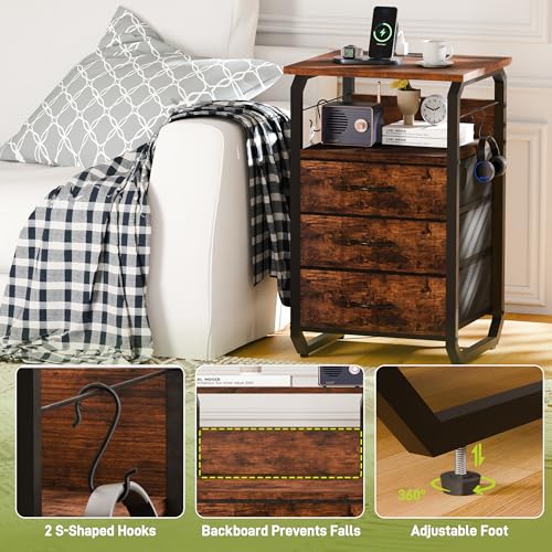 runjuly End Tables Set of 2 with Charging Station, LED Lights, Hooks, Brown | 3 Large Fabric Drawers, USB C Ports & Power Outlets, Metal Night Stand Pair, Storage Nightstand for Living Room / Bedroom - color: Rustic Brown, style: Larger+Taller Set of 2