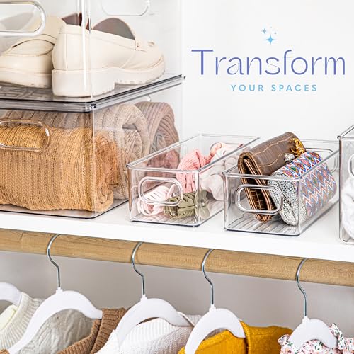 Plastic Food Storage 4 Pack Clear Container Bin with Handles for Organizing Kitchen, Pantry, Fridge, Freezer, Pantry,Bathroom. 10"x4"3" - size: 10x4x3