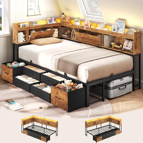 AOGLLATI Twin Corner Bed Frame with Bookcase and Hidden Storage & Metal Platform Twin Size Daybed with 6 Drawers,Charging Station, Led Lights- for Kids, Teens, Vintage Brown - color: Vintage Brown, size: Twin