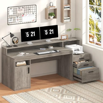 65" Computer Desk with 3 Drawers & Printer Shelf for Home Office | Office Desk with Printer Shelf & File Drawer, Executive Desk Writing Study Table with Monitor Stand, Grey - color: Grey