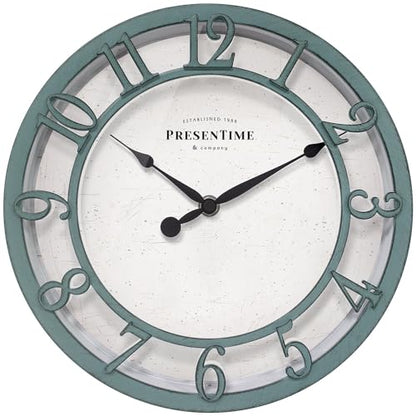 10" Farmhouse Series Wall Clock | Shiplap Style, Silent No Ticking, Raised 3D Arabic Numeral, Aged Teal Finish - color: Aged Teal Finish, size: 10 inch