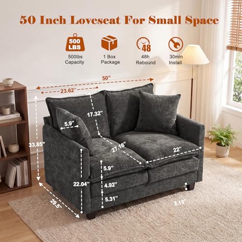 50'' Loveseat Sofa Cloud Sofa Couch, Modern Loveseats 2 Seat Couch 27" Deep Seat with 2 Pillows for Small Spaces Apartment Studio Office Bedroom Living Room, Grey - color: Grey, size: 50"