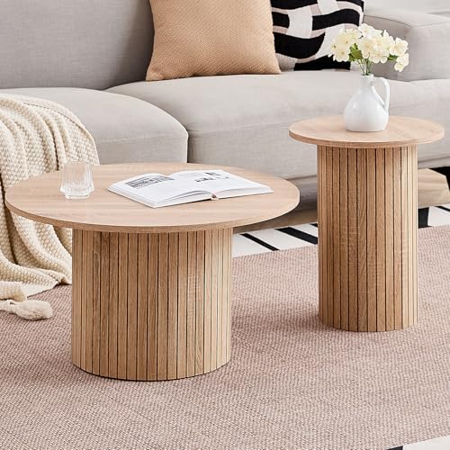 Round Nesting Coffee Table Set of 2 Mid Century Modern Wood Round Coffee Tables with Flexible Small Boho Circle Side Table for Space Saving Living Room Comedor Home Office Bedroom(Natural) - color: 2pcs Natural