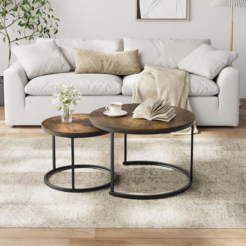 Smuxee Rustic Nesting Coffee Table Set of 2, 27.6" Round Coffee Table Wooden Marble Pattern with Adjustable Non-Slip Feet, Industrial End Table for Living Room Bedroom Balcony - color: Rustic Brown, size: 27.6"W