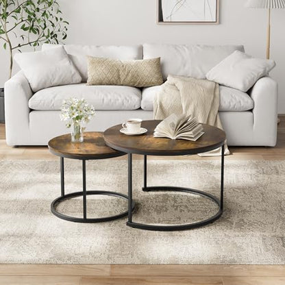Smuxee Rustic Nesting Coffee Table Set of 2, 27.6" Round Coffee Table Wooden Marble Pattern with Adjustable Non-Slip Feet, Industrial End Table for Living Room Bedroom Balcony - color: Rustic Brown, size: 27.6"W