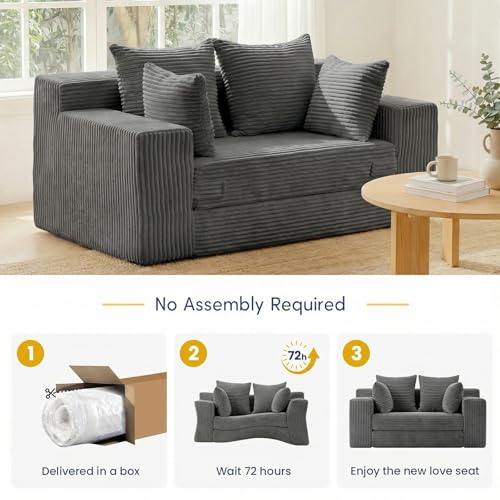 cidludto Boneless Couch Loveseat Sleeper, Convertible Sofa Bed Folding Couch Bed Foldable, 2 in 1 Boneless Chair Bed & Futon Sofa Bed, Small Pull Out Sofa with 4 Pillows for Living Room, Grey - color: Grey, size: Loveseat-55''