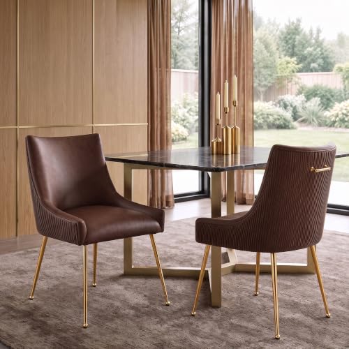 Faux Leather Dining Chairs Set of 2, Gold Legs Accent Kitchen Chairs, Brown | Mid Century Modern Chairs with Gold Pull Handle, Upholstered PU Leather Chairs for Dining, Kitchen, Living Room, Restaurant - color: Pu-brown, size: Set of 2