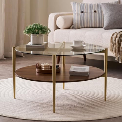 LumFurn Round Coffee Table, Mid-Century Modern Design, D30“ x H17”, for Living Room, 2-Tier Structure, Clear Glass Top and Walnut MDF Shelf, Sleek Conical Metal Legs with Gold Finish - color: D30" Clear & Walnut