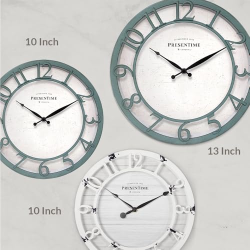 10" Farmhouse Series Wall Clock | Shiplap Style, Silent No Ticking, Raised 3D Arabic Numeral, Aged Teal Finish - color: Aged Teal Finish, size: 10 inch