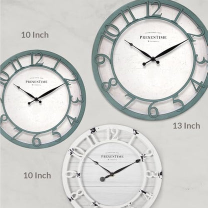 10" Farmhouse Series Wall Clock | Shiplap Style, Silent No Ticking, Raised 3D Arabic Numeral, Aged Teal Finish - color: Aged Teal Finish, size: 10 inch