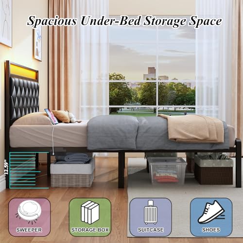 Full Size Bed Frame with Headboard, Modern Metal Bed Frame with LED Lights & Charging Station, PU Leather Upholstered Headboard, All Metal Slats Support, No Boxing Spring Needed, Noise Free, Black - size: Full