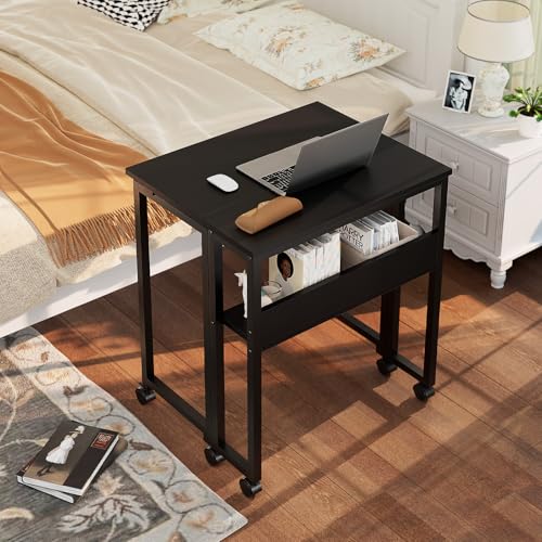 GreenForest Folding Desk with Wheels, 24.8" Rolling Table for Small Spaces | Storage Shelf, Lockable Casters, Compact Portable Workstation, Space-Saving Foldable Sofa Table, Home Office, Mobile, Black - color: Black, size: 24.8 inch