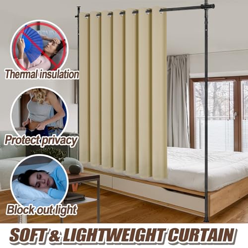 Room Divider Curtain and Rod Set - 6 x 10.2FT Adjustable Wall Divider Rod & Soft Privacy Curtains, Portable Easy to Install Room Separations for Room Blackout