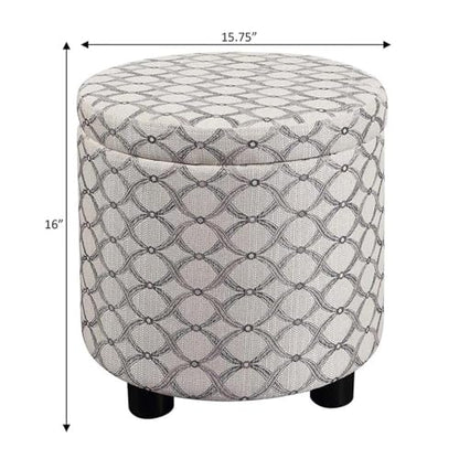 Convenience Concepts Designs4Comfort Accent Storage Ottoman 15.75" - Round Modern Upholstered Foot Stool with Tray Lid for Living Room, Family Room Storage Ottoman Seat, Ribbon Pattern Fabric