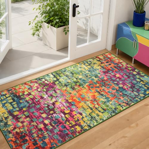 Tangsoo Abstract 2x4 Washable Rug for Entryway, Colorful Small Area Rug | Modern Non Slip Indoor Front Door 2x4 Runner Rugs Mat,Print Soft Low Pile Rugs for Entrance Kitchen Entry Bathroom Home Decor - color: Mosaic Colorful, size: 2' X 4' (Runner)
