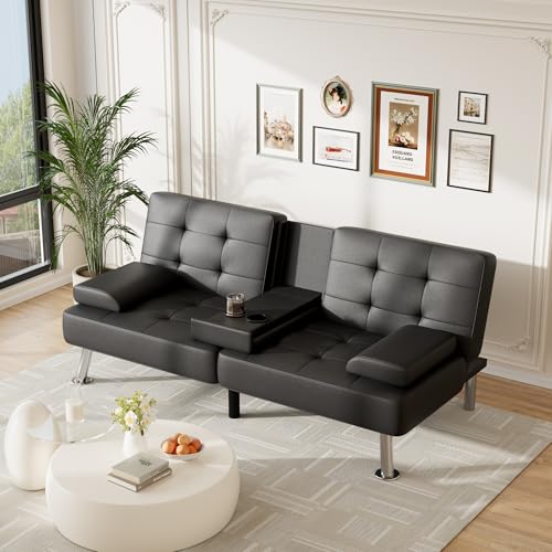 Furmax Leather Futon Sofa Bed, Adjustable Futon Couch for Living Room | Sleeper Sofa Bed with 2 Cup Holders, Reclining Futon Loveseat for Apartment, Business Office & Small Spaces | Black - color: Black