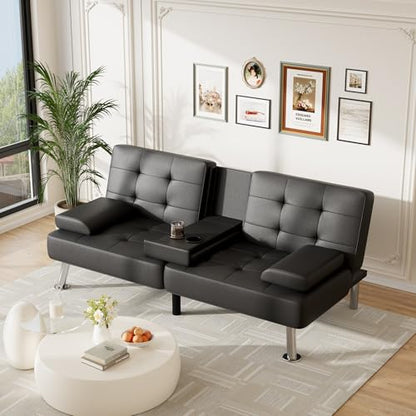 Furmax Leather Futon Sofa Bed, Adjustable Futon Couch for Living Room | Sleeper Sofa Bed with 2 Cup Holders, Reclining Futon Loveseat for Apartment, Business Office & Small Spaces | Black - color: Black