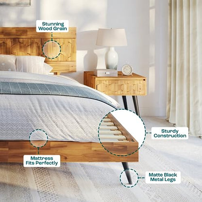Bme Georgina Queen Bedframe, Geometric Headboard, Mid Century, Teak Brown - color: Teak Brown, size: Queen, style: Bed Frames