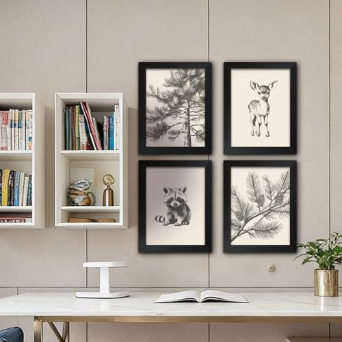4Pcs Framed Wall Art Set Forest Animal Sketches on Canvas Nature Inspired Gallery Grade Artwork Ideal for Living Rooms Bedrooms and Children's Rooms 8x10 Ready to Hang - color: Sketch