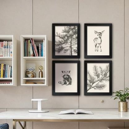 4Pcs Framed Wall Art Set Forest Animal Sketches on Canvas Nature Inspired Gallery Grade Artwork Ideal for Living Rooms Bedrooms and Children's Rooms 8x10 Ready to Hang - color: Sketch