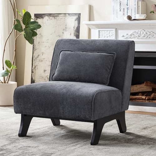 Armless Accent Chair Comfy Upholstered Modern Living Room Side Chair | Comfy Small Accent Lounge Chair with Pillow & Wooden Leg Accent Chair for Living Room Bedroom Farmhouse Reading Charcoal Gray - color: Grey