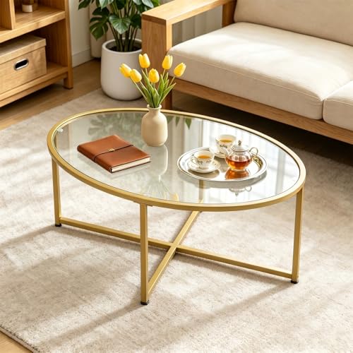 Wolawu Coffee Table Gold Oval Glass Coffee Tables for Living Room,Modern Gold Metal Frame Tea Tables for Small Space, Tempered Glass Top Center Table with Stable Cross Base for Bedroom, Office,Balcony - color: Gold Glass