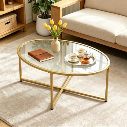 Wolawu Coffee Table Gold Oval Glass Coffee Tables for Living Room,Modern Gold Metal Frame Tea Tables for Small Space, Tempered Glass Top Center Table with Stable Cross Base for Bedroom, Office,Balcony - color: Gold Glass
