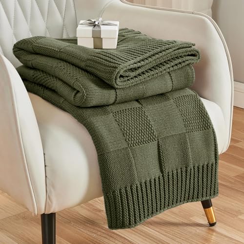 CozeCube Olive Green Knitted Checkered Throw Blanket 50"X60" | Check Knit Throw for Couch, Decorative Christmas Soft Cozy Warm Blanket for Bed Sofa Living Room - color: Burnt Olive, size: 50"X60"