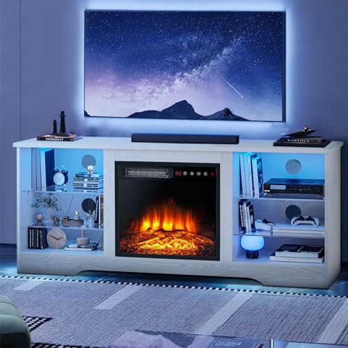 Fireplace TV Stand for up to 65 Inch TVs, Space-Saving LED Modern Entertainment Center for Small Apartments with Built-in 18" Electric Fireplace Heater & Adjustable Glass Shelves, Beige - color: Beige, size: 58"