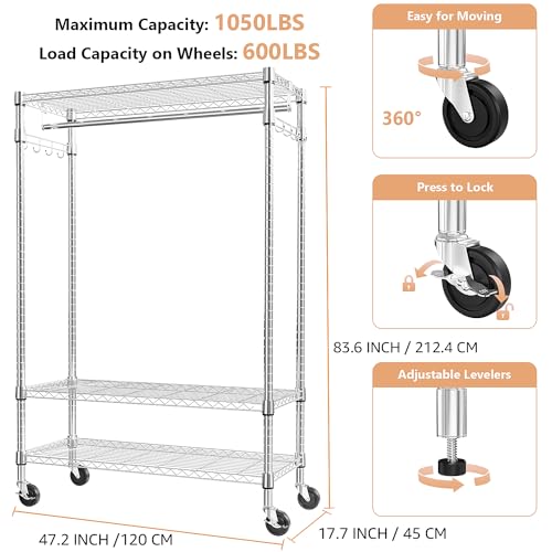 M MZG Heavy Duty Rolling Garment Rack 3 Tiers Adjustable Wire Shelving Clothes Rack with Rods and Side Hooks,Storage Closet Clothing Rack with Wheels Chrome 17.7" D x 47.2" W x 83.6" H - color: Chrome, size: 3 Tier with 1 rod, 17.7"D x 47.2"W x 83.6"H