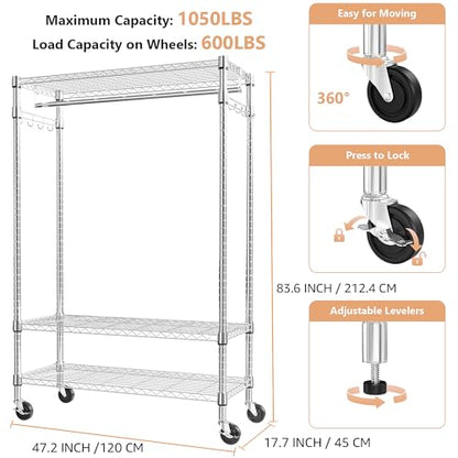 M MZG Heavy Duty Rolling Garment Rack 3 Tiers Adjustable Wire Shelving Clothes Rack with Rods and Side Hooks,Storage Closet Clothing Rack with Wheels Chrome 17.7" D x 47.2" W x 83.6" H - color: Chrome, size: 3 Tier with 1 rod, 17.7"D x 47.2"W x 83.6"H