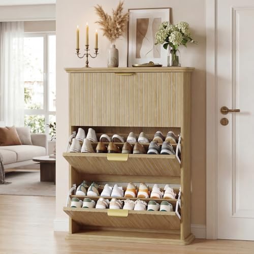 Natural Wood Hidden Shoe Storage Cabinet,Narrow Shoe Rack Cabinet with 3 Flip Drawers,Freestanding Shoe Organizer for Entryway - color: Oak, size: 31.5"D x 9.8W x 43.3"H（Fluted）