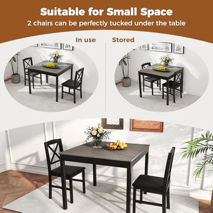 GOFLAME 3-Piece Dining Table Set for 2, Wooden Square Kitchen Table with 2 Upholstered Chairs, Space-Saving Dining Room Furniture Set for Dining Room, Breakfast Nook, Small Space, Grey & Black - color: Grey & Black