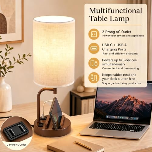 Dreamholder Touch Control USB Table Lamp with USB C/A & AC Outlet, 3-Way Dimmable Bedside Lamp, Modern Nightstand Lamps for Bedroom Living Room Guest Room Office, Bulb Included, Brown - color: Brown