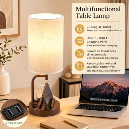 Dreamholder Touch Control USB Table Lamp with USB C/A & AC Outlet, 3-Way Dimmable Bedside Lamp, Modern Nightstand Lamps for Bedroom Living Room Guest Room Office, Bulb Included, Brown - color: Brown