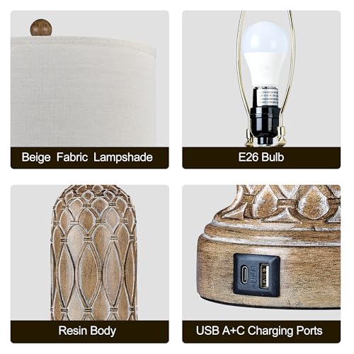 Farmhouse Lamps for Living Room Set of 2, 28" Table Lamps for Bedroom with USB Ports, 3-Way Dimmable Nightstand Table Lamp (Bulbs Included) - color: 4.Brown