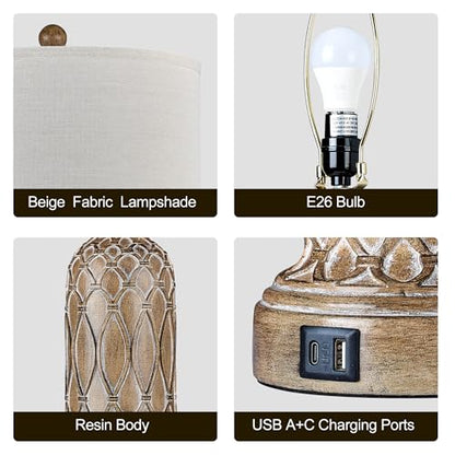 Farmhouse Lamps for Living Room Set of 2, 28" Table Lamps for Bedroom with USB Ports, 3-Way Dimmable Nightstand Table Lamp (Bulbs Included) - color: 4.Brown