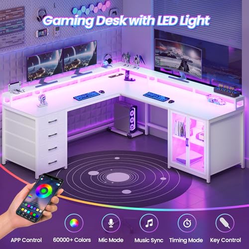 SEDETA L Shaped Gaming Desk with 4 Drawers, 109” Computer Desk with Display Cabinet, Home Office Desks with 2 Monitor Stands, CPU Stand, LED Lights and Power Outlet, White - color: White