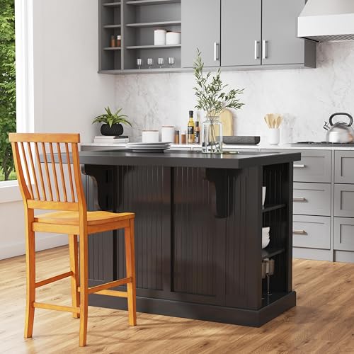 Homestyles Nantucket Distressed Black Kitchen Island with Black Granite and Wood Drop Leaf Breakfast Bar, 48"W