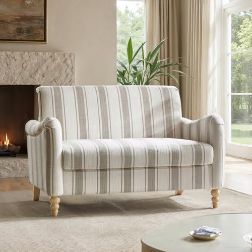 HULALA HOME 50.5" Loveseat Sofa with Stripe Pattern, 2 Seater Sofa, Tan | Farmhouse Comfy Upholstered Small Couch, with Solid Wood Spindle Legs and Rolled Wide Armrests, for Living Room Bedroom - color: Tan, size: 2-Seater Loveseat