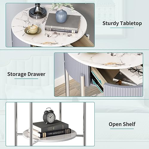 OIOG Nightstand with Drawer and Shelf, Marbling Natural Stone/Silver | Round Modern Side Table, Storage, Shelf, Chrome Finish Metal Legs, 2 Tier End Table, For Living Room, Bedroom, Office - color: Silver
