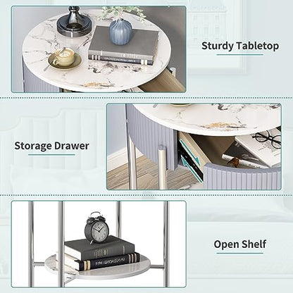 OIOG Nightstand with Drawer and Shelf, Marbling Natural Stone/Silver | Round Modern Side Table, Storage, Shelf, Chrome Finish Metal Legs, 2 Tier End Table, For Living Room, Bedroom, Office - color: Silver