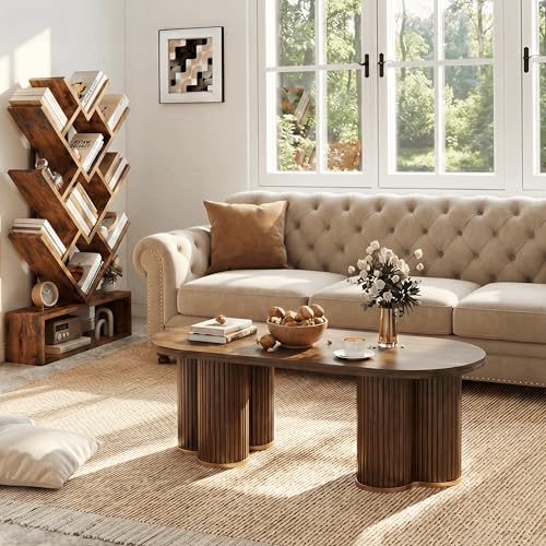 Oval Fluted Coffee Tables for Living Room, 47" Wood Coffee Table,Walnut - color: Walnut