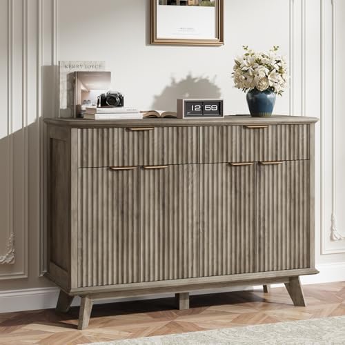 Fluted Buffet Sideboard Cabinet with Storage, 47.2" Kitchen Cabinet with Drawers and Adjustable Shelves, Modern Coffee Bar with Charging Station, for Dining Room, Living Room, Grey