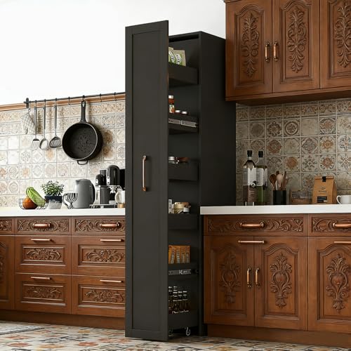 6-Tier Narrow Storage Cabinet with Wheels, 71 Inch Tall, Black | 11.81 Inch Deep Slim Rolling Pull-Out Organizer with Side Panels for Small Spaces, Kitchen, Bathroom and Laundry Room - color: F-black