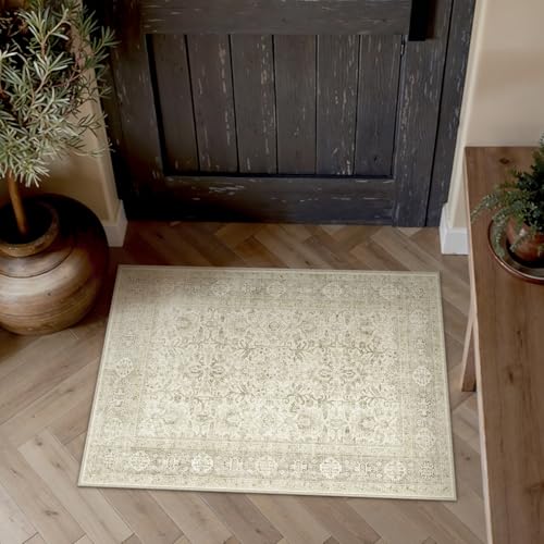 Beige Small Entryway Rug 2x3 Vintage Traditional Distressed | Washable, Non Slip, Soft Low Pile, Door Mat for Indoor Entrance, Kitchen, Bathroom, Farmhouse Decor - color: Accent Beige, size: 2' x 3' (Rectangular)