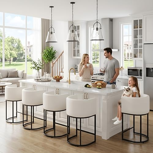 HNY White Modern Barrel Counter Height Clearance Bar Stools Set of 2, 24 Inch PU Leather Kitchen Barstools with Back for Island, with Black Metal Tubular Frame - color: 24inch White,black Base