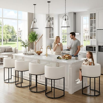 HNY White Modern Barrel Counter Height Clearance Bar Stools Set of 2, 24 Inch PU Leather Kitchen Barstools with Back for Island, with Black Metal Tubular Frame - color: 24inch White,black Base