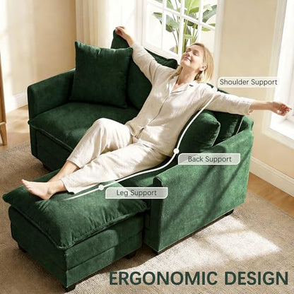 52" Loveseat Sofa, L-Shaped Cloud Love Seat Couches with Ottoman | Comfy Chenille Modern Love Seat with 2 Pillows, Small Loveseat for Small Spaces, Living Room, Bedroom, Apartment,Green, 52" L - color: Green, size: 52" L