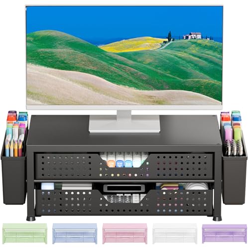Desk Organizer and Accessories, 2-Tier Computer Monitor Stand Riser with 2 Drawer and 2 Pen Holders, Laptop Stand, Office Desk Accessories for Office Supplies, Black Plastic - color: Black Plastic, size: Double Drawer